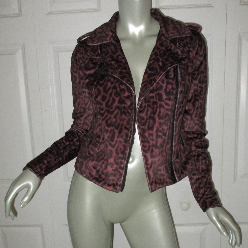 BEBE Burgundy & Black Leopard Print Velour Cropped Moto Distressed Jacket